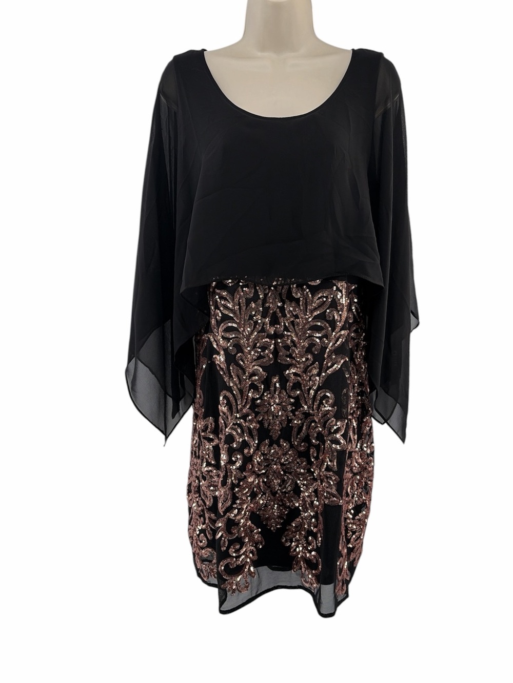 JM Studio Black Cape Overlay Dress with Rose Gold Sequin Embellishment Size 8P